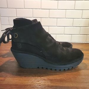 FLY London Suede Ruched Ankle Boots with Tie